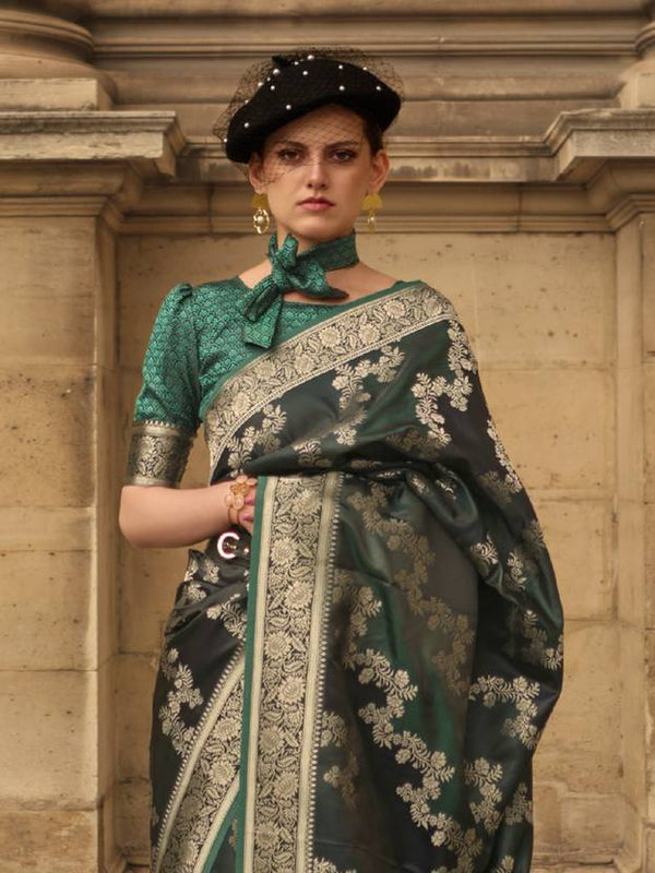 Dark Green Banarasi Woven Satin Silk Blend Saree with Tassels – Unstitched Blouse Piece ClothsVilla