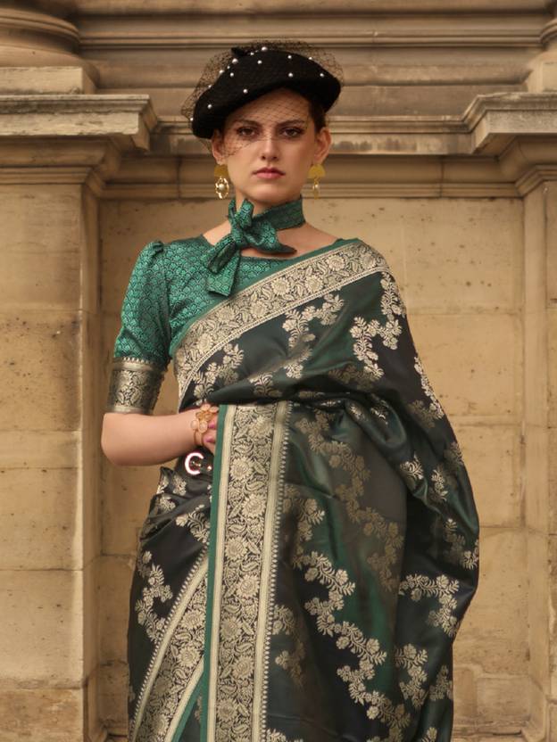 Dark Green Banarasi Woven Satin Silk Blend Saree with Tassels – Unstitched Blouse Piece ClothsVilla