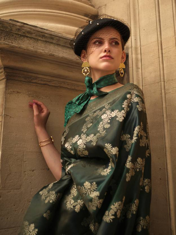 Dark Green Banarasi Woven Satin Silk Blend Saree with Tassels – Unstitched Blouse Piece ClothsVilla