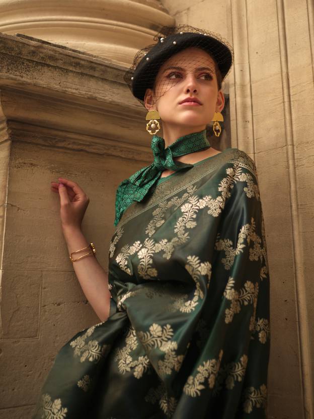 Dark Green Banarasi Woven Satin Silk Blend Saree with Tassels – Unstitched Blouse Piece ClothsVilla