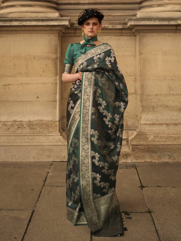 Dark Green Banarasi Woven Satin Silk Blend Saree with Tassels – Unstitched Blouse Piece ClothsVilla Main image