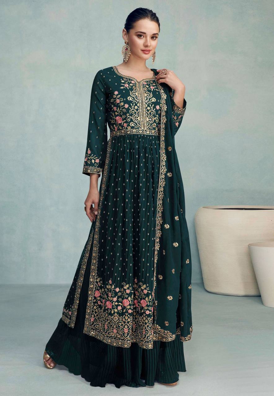 Dark Green Color Georgette Fabric Alluring Function Wear Palazzo Suit Main image