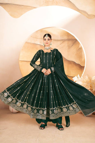 Dark Green Designer Anarkali Suit Set in Star Georgette with Sequins & Multi-Thread Embroidery ClothsVilla