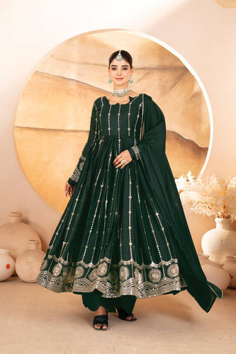 Dark Green Designer Anarkali Suit Set in Star Georgette with Sequins & Multi-Thread Embroidery ClothsVilla