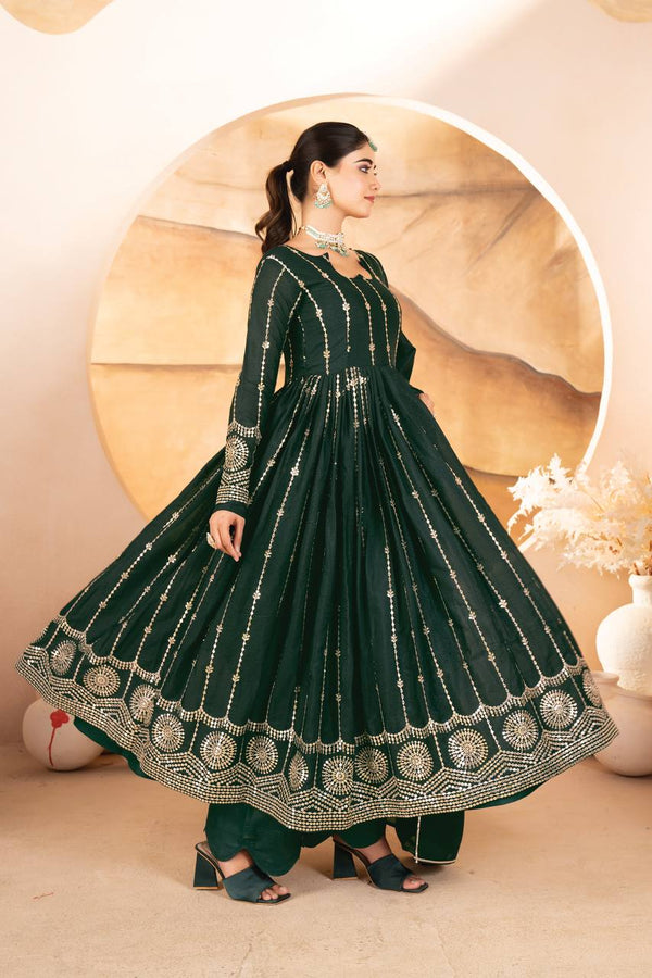 Dark Green Designer Anarkali Suit Set in Star Georgette with Sequins & Multi-Thread Embroidery ClothsVilla