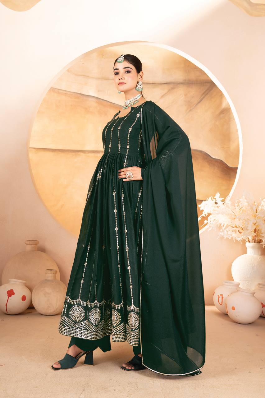 Dark Green Designer Anarkali Suit Set in Star Georgette with Sequins & Multi-Thread Embroidery ClothsVilla
