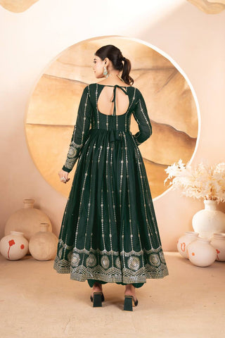 Dark Green Designer Anarkali Suit Set in Star Georgette with Sequins & Multi-Thread Embroidery ClothsVilla
