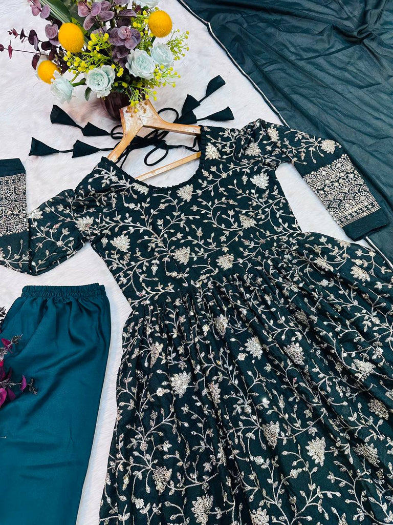 Dark Green Designer Star Georgette Anarkali Suit with Heavy Sequins & Embroidery, Pants & Dupatta ClothsVilla