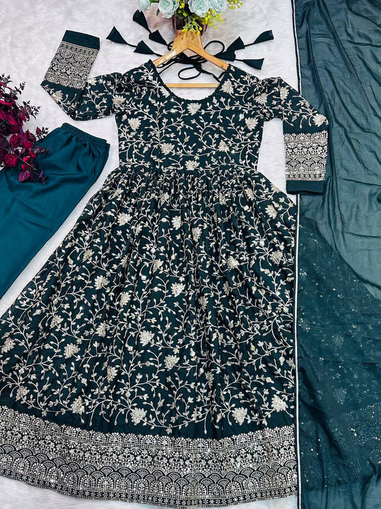 Dark Green Designer Star Georgette Anarkali Suit with Heavy Sequins & Embroidery, Pants & Dupatta ClothsVilla