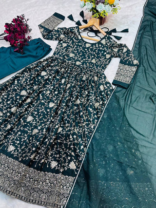 Dark Green Designer Star Georgette Anarkali Suit with Heavy Sequins & Embroidery, Pants & Dupatta ClothsVilla