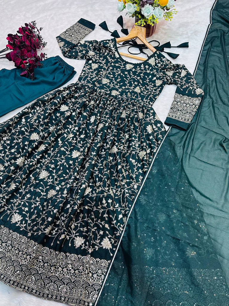 Dark Green Designer Star Georgette Anarkali Suit with Heavy Sequins & Embroidery, Pants & Dupatta ClothsVilla