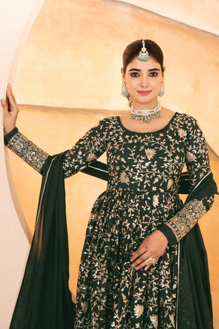 Dark Green Designer Star Georgette Anarkali Suit with Heavy Sequins & Embroidery, Pants & Dupatta ClothsVilla