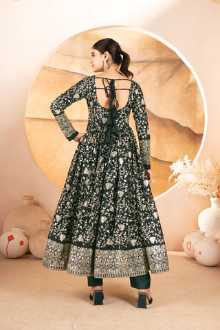 Dark Green Designer Star Georgette Anarkali Suit with Heavy Sequins & Embroidery, Pants & Dupatta ClothsVilla