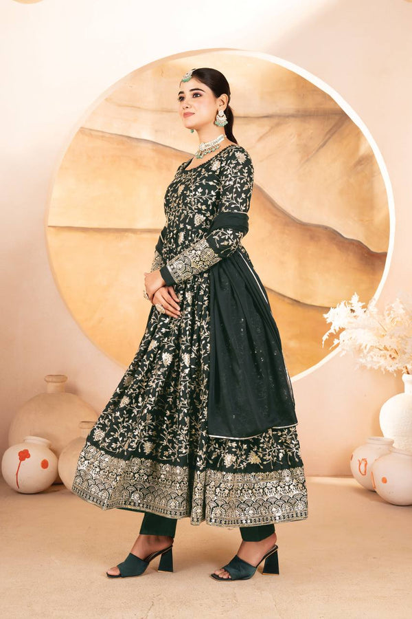 Dark Green Designer Star Georgette Anarkali Suit with Heavy Sequins & Embroidery, Pants & Dupatta ClothsVilla