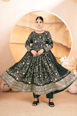 Dark Green Designer Star Georgette Anarkali Suit with Heavy Sequins & Embroidery, Pants & Dupatta ClothsVilla