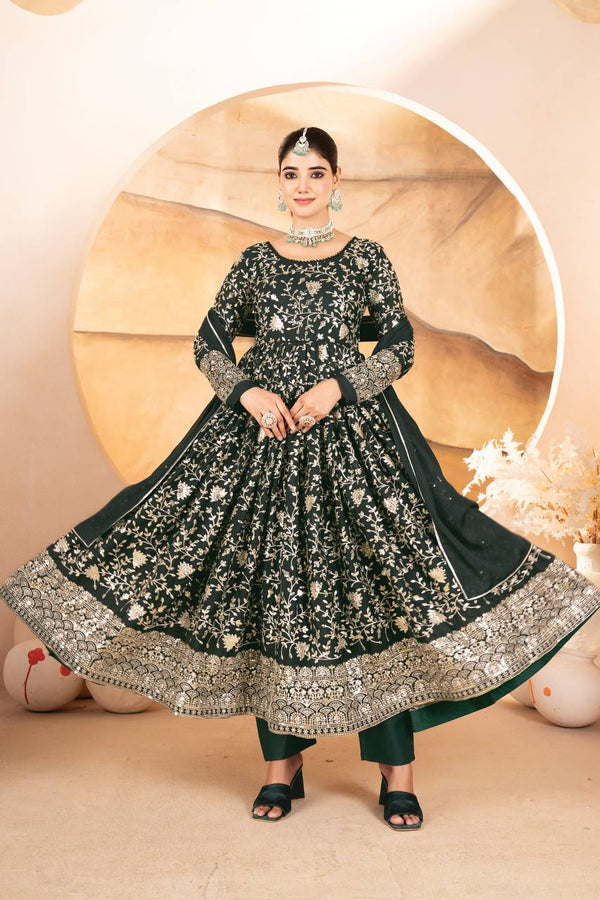 Dark Green Designer Star Georgette Anarkali Suit with Heavy Sequins & Embroidery, Pants & Dupatta ClothsVilla
