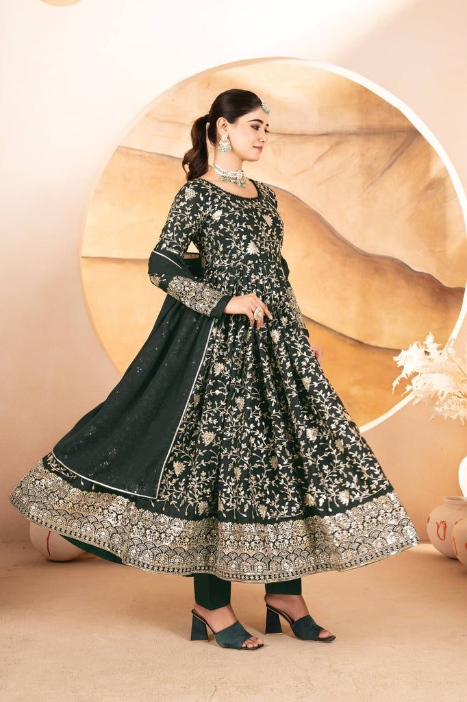 Dark Green Designer Star Georgette Anarkali Suit with Heavy Sequins & Embroidery, Pants & Dupatta ClothsVilla