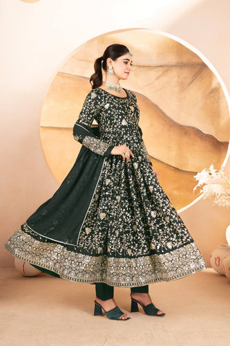 Dark Green Designer Star Georgette Anarkali Suit with Heavy Sequins & Embroidery, Pants & Dupatta ClothsVilla