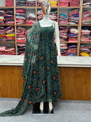 Dark Green Elegant Bandhej Chiffon Anarkali Gown Set – Lightweight & Stylish