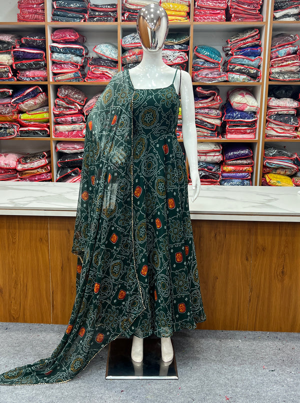 Dark Green Elegant Bandhej Chiffon Anarkali Gown Set – Lightweight & Stylish