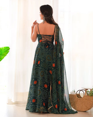 Dark Green Elegant Bandhej Chiffon Anarkali Gown Set – Lightweight & Stylish