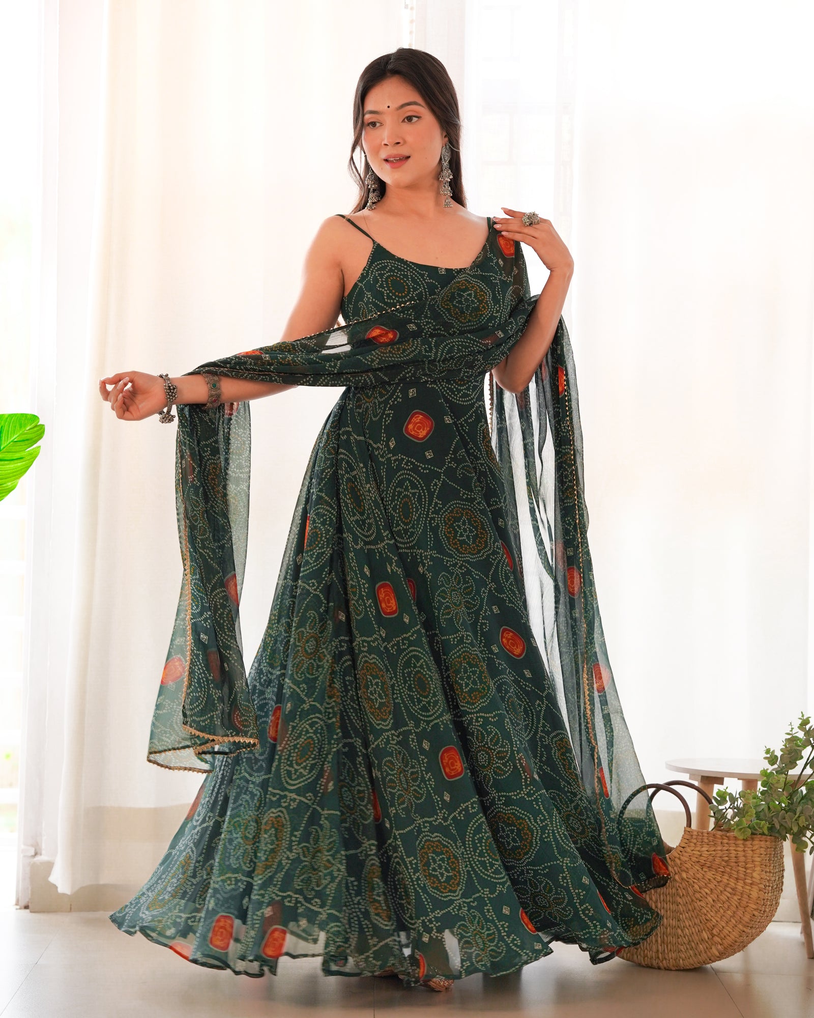 Dark Green Elegant Bandhej Chiffon Anarkali Gown Set – Lightweight & Stylish