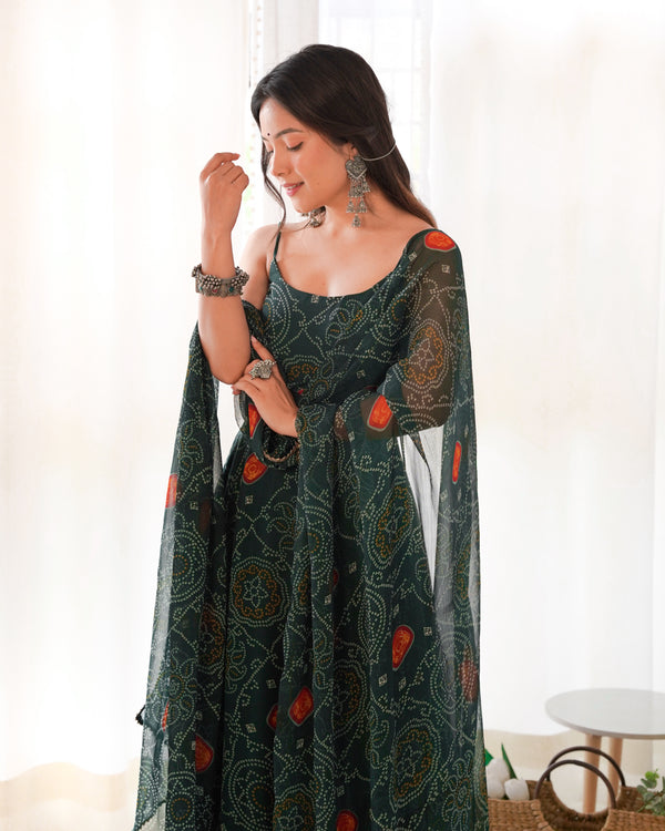 Dark Green Elegant Bandhej Chiffon Anarkali Gown Set – Lightweight & Stylish