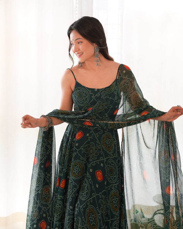 Dark Green Elegant Bandhej Chiffon Anarkali Gown Set – Lightweight & Stylish