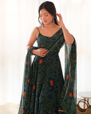 Dark Green Elegant Bandhej Chiffon Anarkali Gown Set – Lightweight & Stylish