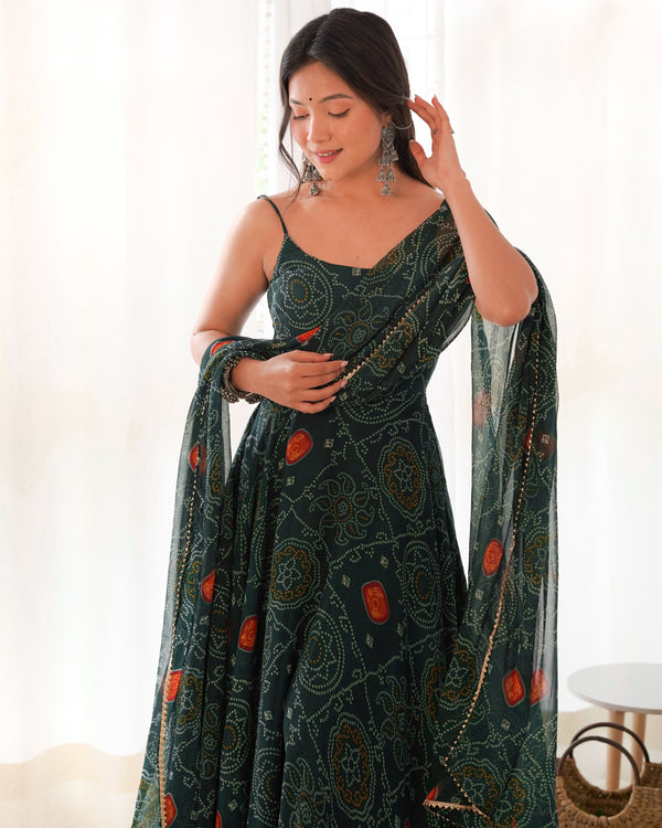 Dark Green Elegant Bandhej Chiffon Anarkali Gown Set – Lightweight & Stylish