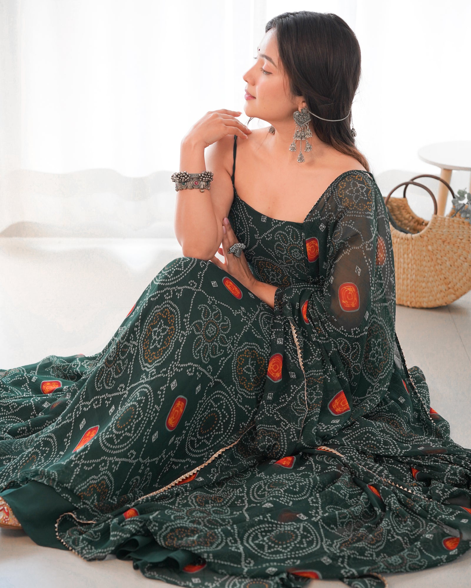 Dark Green Elegant Bandhej Chiffon Anarkali Gown Set – Lightweight & Stylish