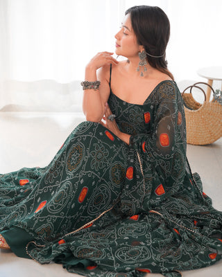 Dark Green Elegant Bandhej Chiffon Anarkali Gown Set – Lightweight & Stylish