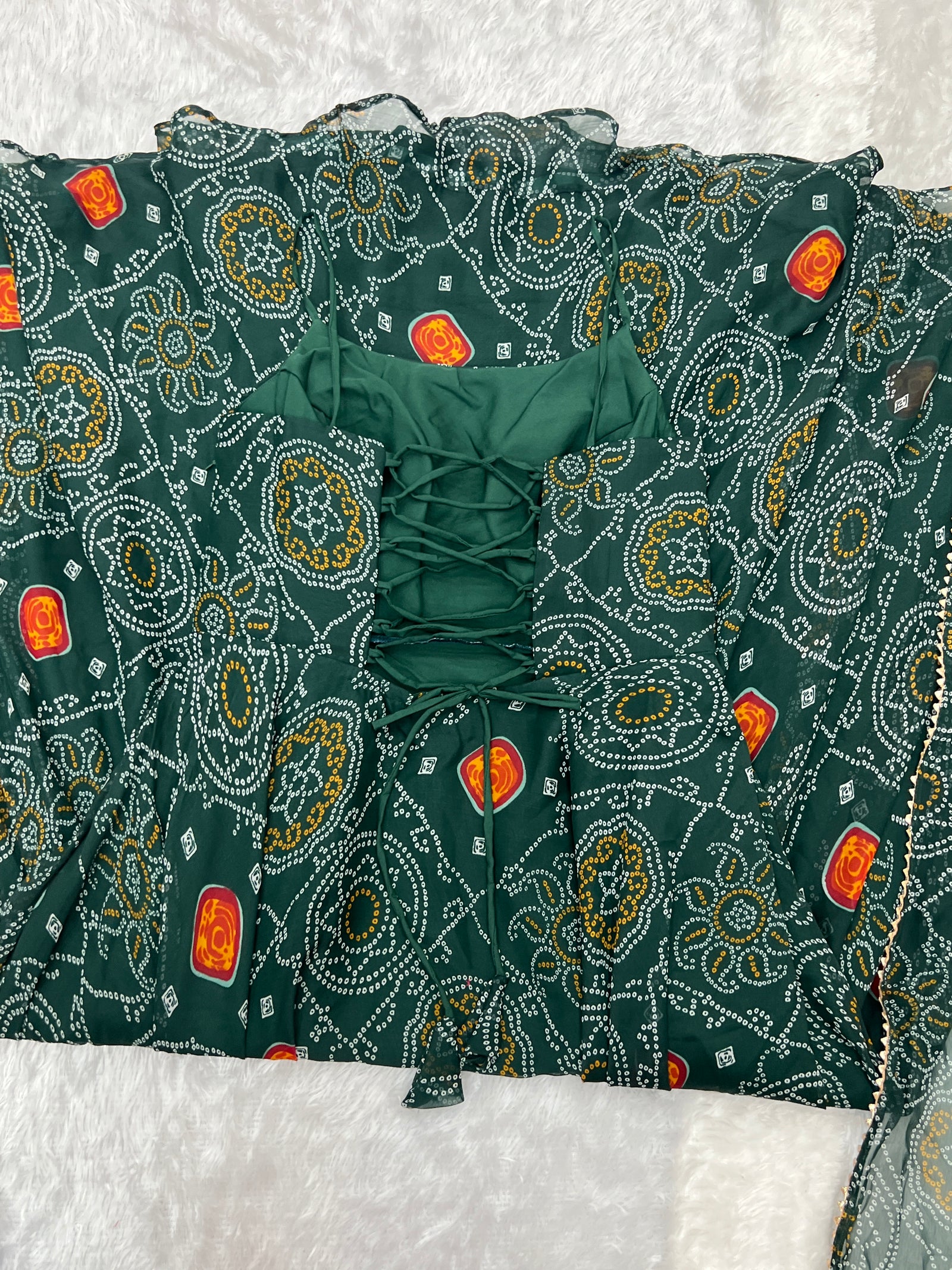 Dark Green Elegant Bandhej Chiffon Anarkali Gown Set – Lightweight & Stylish