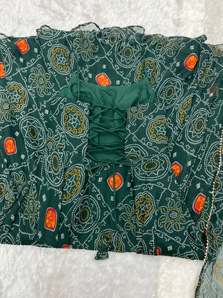 Dark Green Elegant Bandhej Chiffon Anarkali Gown Set – Lightweight & Stylish