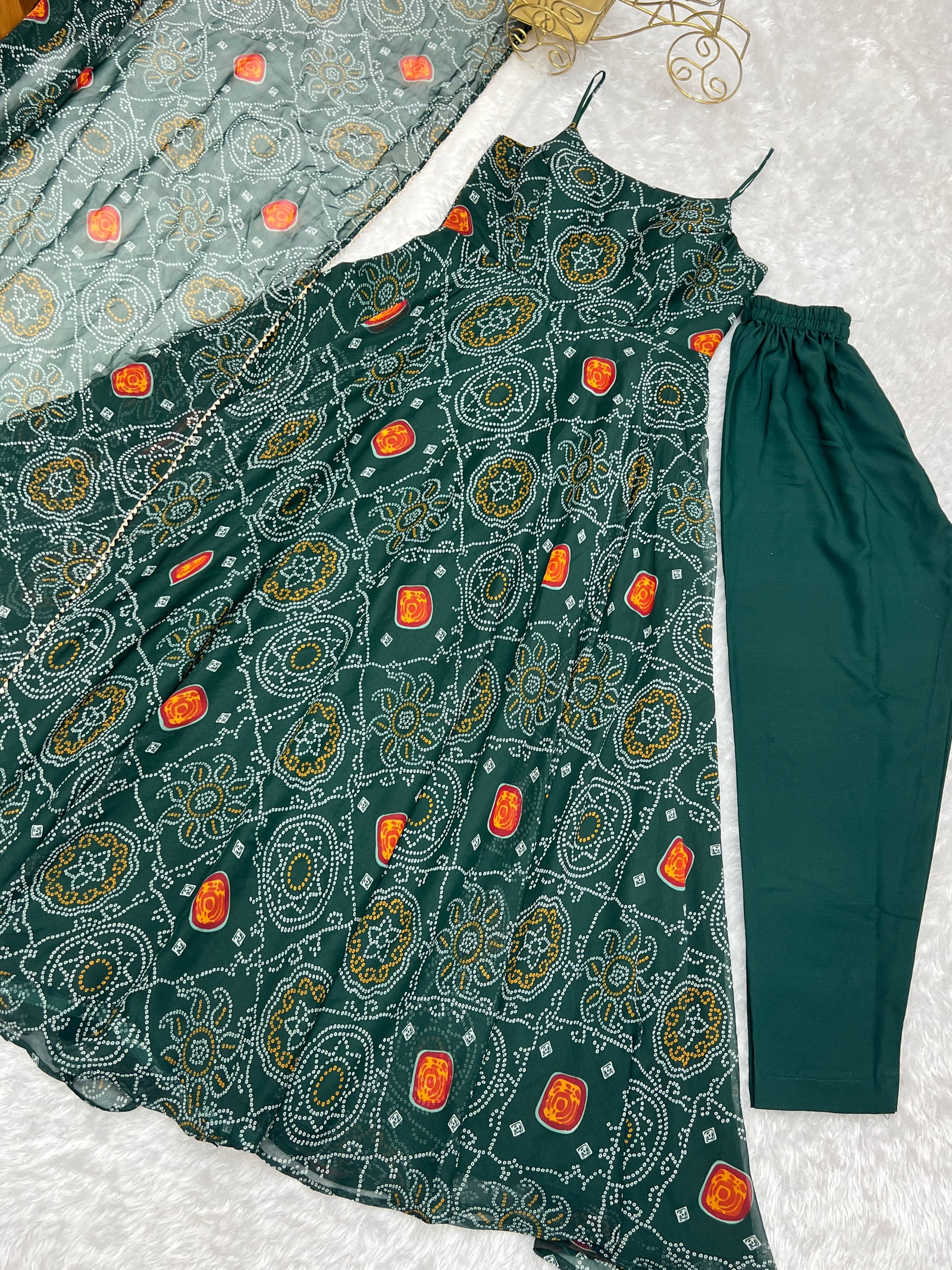 Dark Green Elegant Bandhej Chiffon Anarkali Gown Set – Lightweight & Stylish
