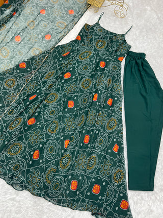 Dark Green Elegant Bandhej Chiffon Anarkali Gown Set – Lightweight & Stylish