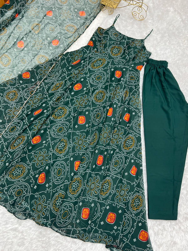 Dark Green Elegant Bandhej Chiffon Anarkali Gown Set – Lightweight & Stylish