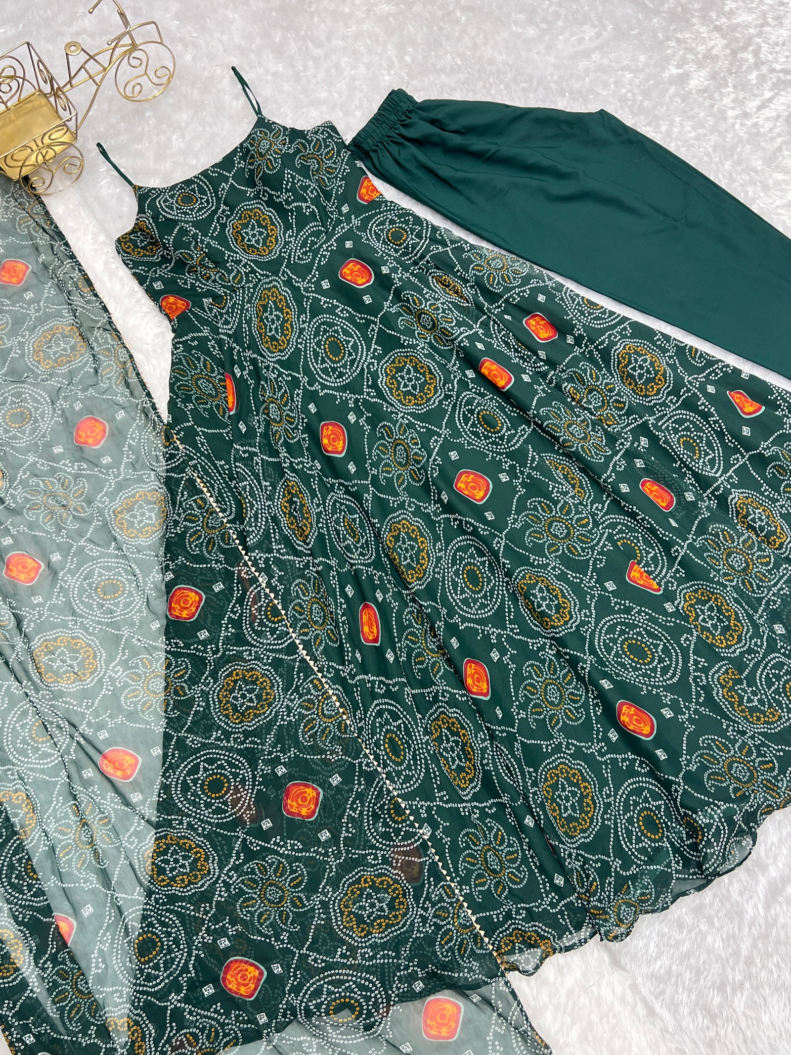 Dark Green Elegant Bandhej Chiffon Anarkali Gown Set – Lightweight & Stylish