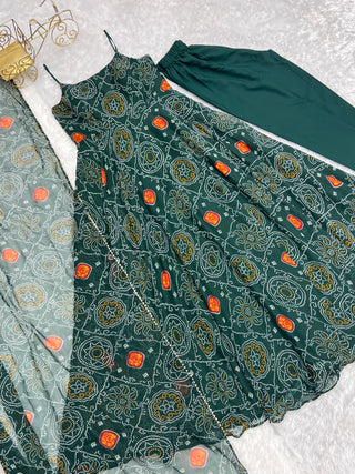 Dark Green Elegant Bandhej Chiffon Anarkali Gown Set – Lightweight & Stylish