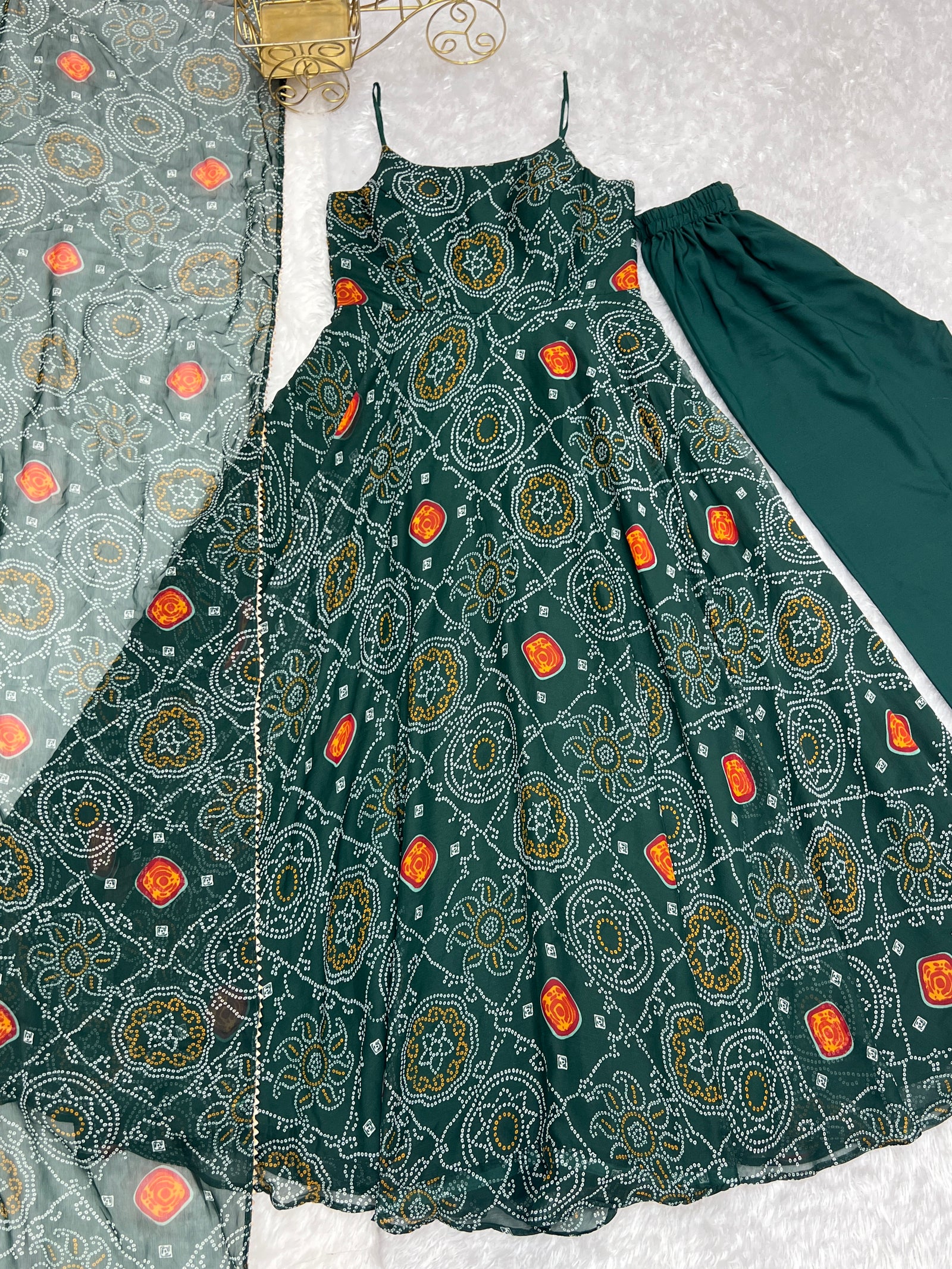 Dark Green Elegant Bandhej Chiffon Anarkali Gown Set – Lightweight & Stylish