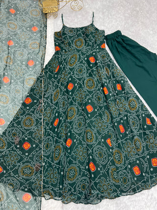 Dark Green Elegant Bandhej Chiffon Anarkali Gown Set – Lightweight & Stylish