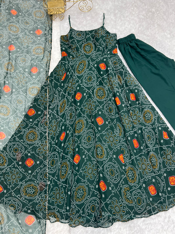 Dark Green Elegant Bandhej Chiffon Anarkali Gown Set – Lightweight & Stylish