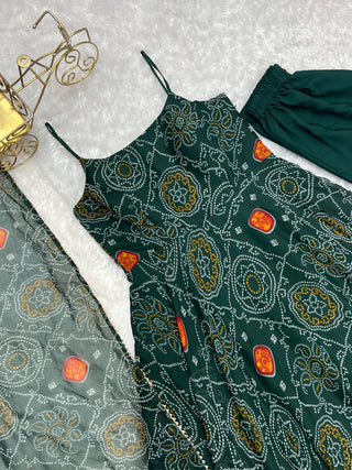 Dark Green Elegant Bandhej Chiffon Anarkali Gown Set – Lightweight & Stylish