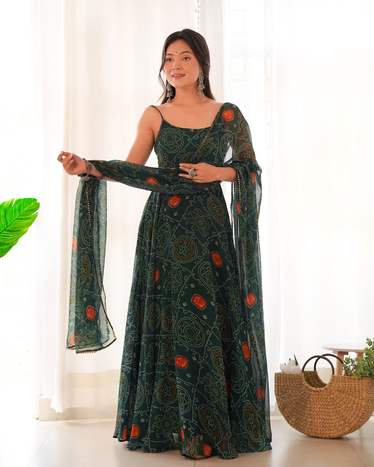 Dark Green Elegant Bandhej Chiffon Anarkali Gown Set – Lightweight & Stylish Main image