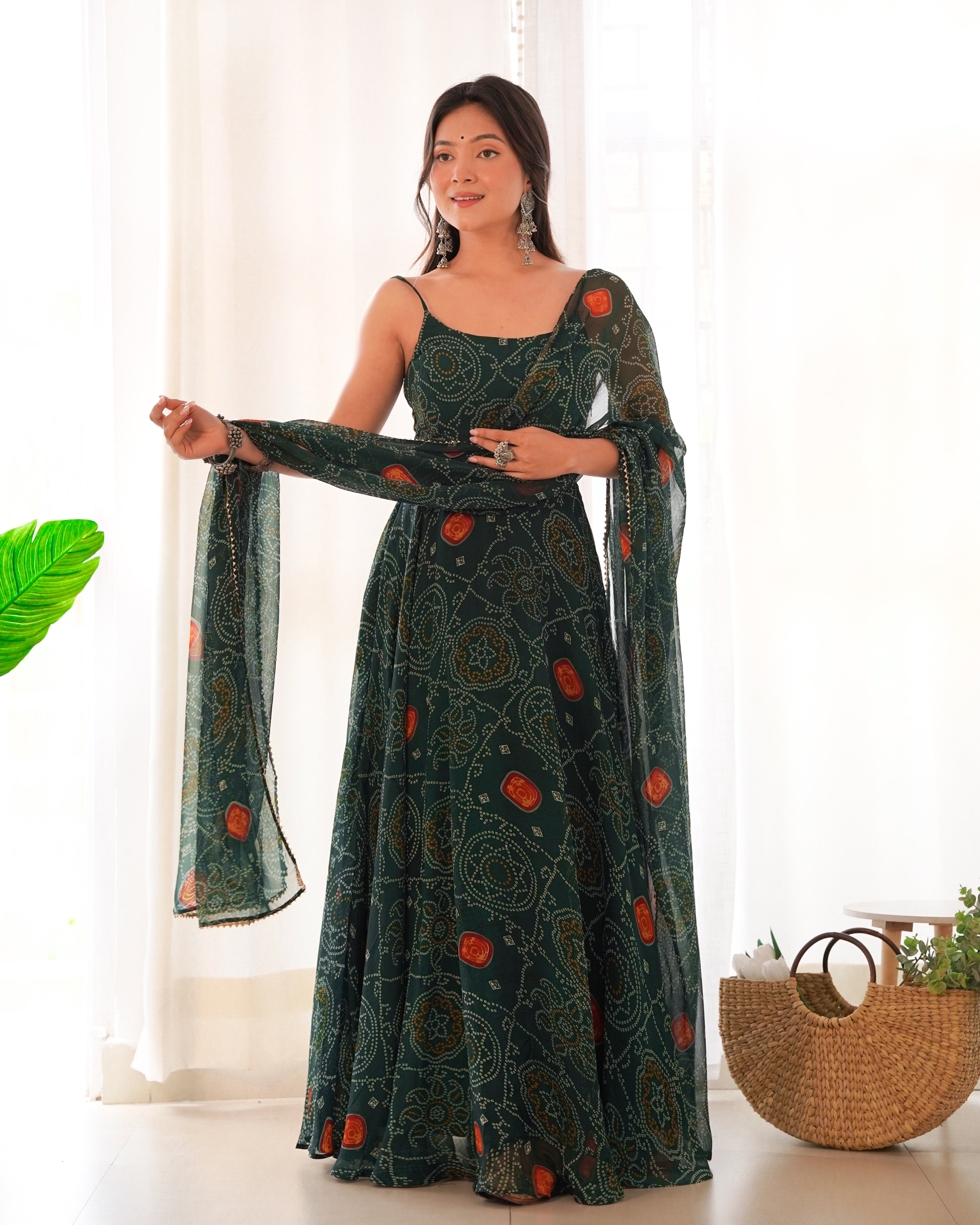 Dark Green Elegant Bandhej Chiffon Anarkali Gown Set – Lightweight & Stylish Main image