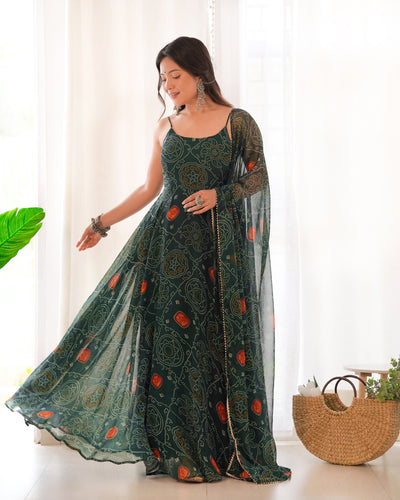 Dark Green Elegant Bandhej Chiffon Anarkali Gown Set – Lightweight & Stylish