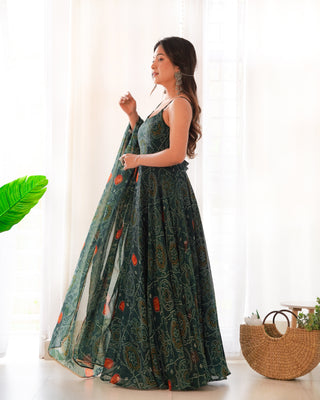 Dark Green Elegant Bandhej Chiffon Anarkali Gown Set – Lightweight & Stylish