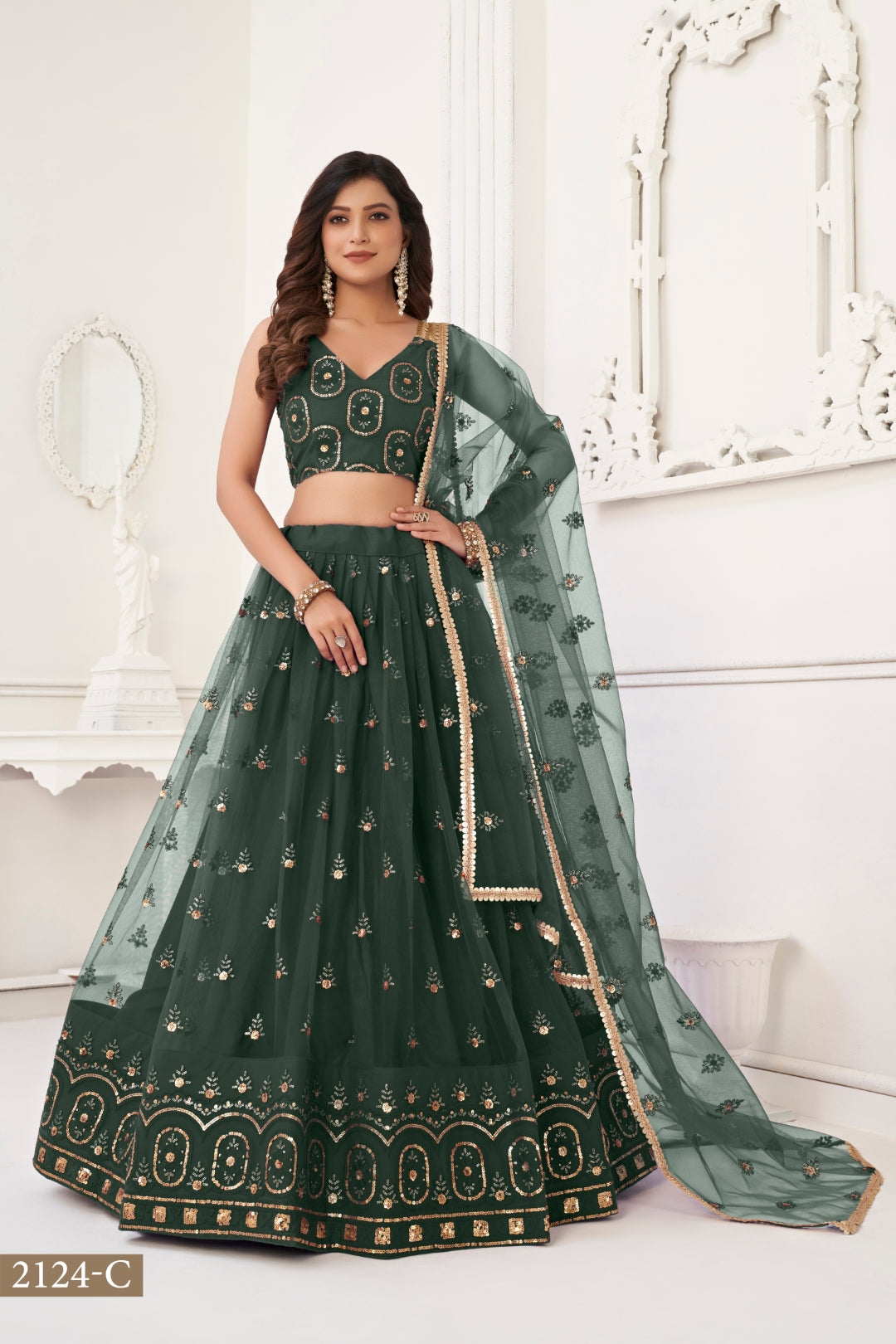 Dark Green Elegant Butterfly Net Lehenga with Tone-to-Tone Embroidery