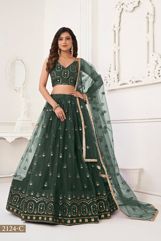Dark Green Elegant Butterfly Net Lehenga with Tone-to-Tone Embroidery