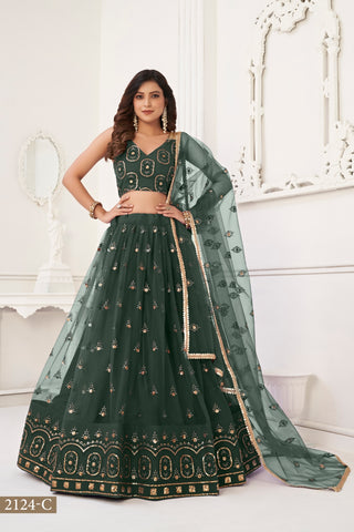 Dark Green Elegant Butterfly Net Lehenga with Tone-to-Tone Embroidery